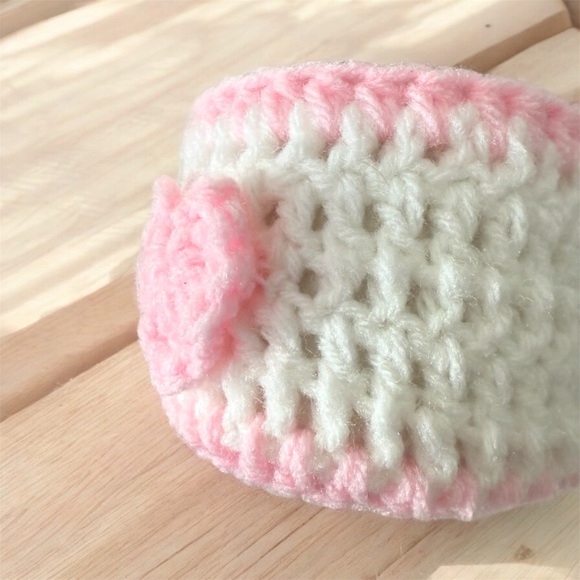 Handmade Crochet Pink & White Heart Mug Cozy | Coffee Tea Warmer Sleeve - Picture 3 of 5